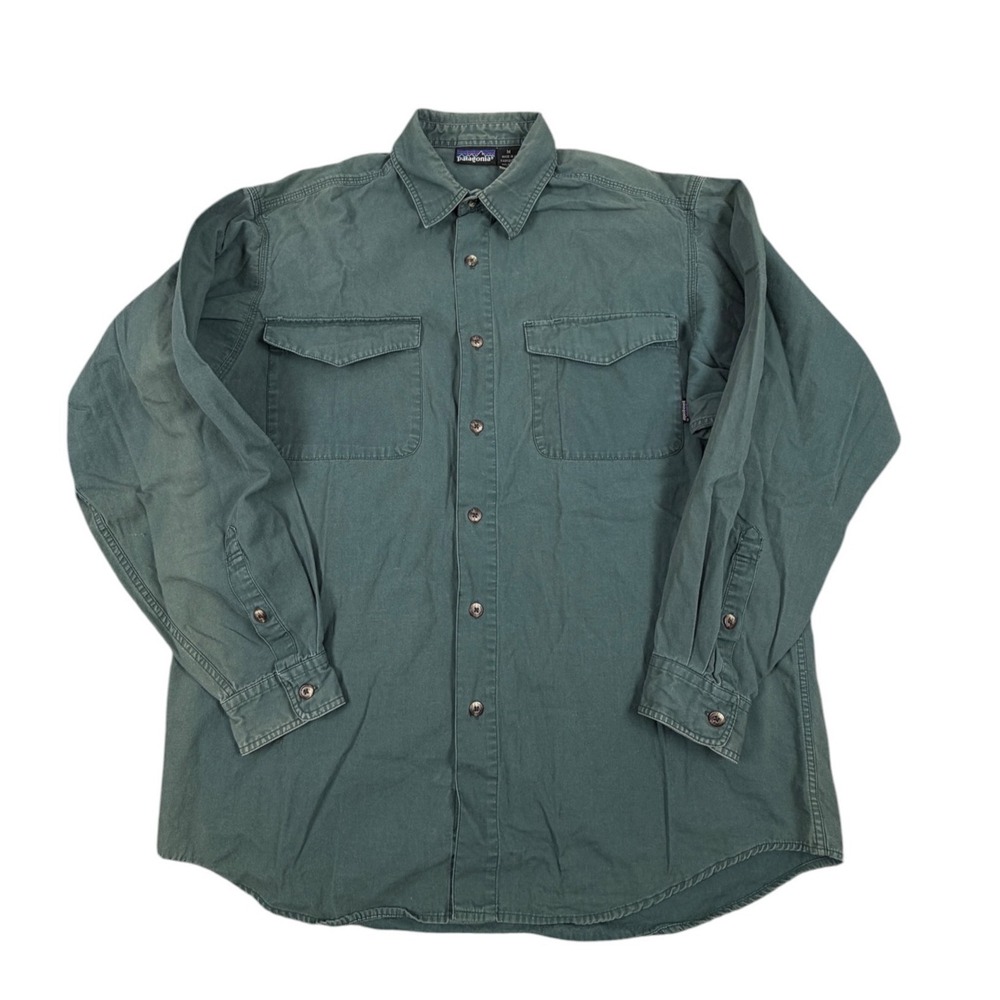 Patagonia 90s Mens Shirt Button Up Long Sleeve Flap Pockets Cotton Green M
